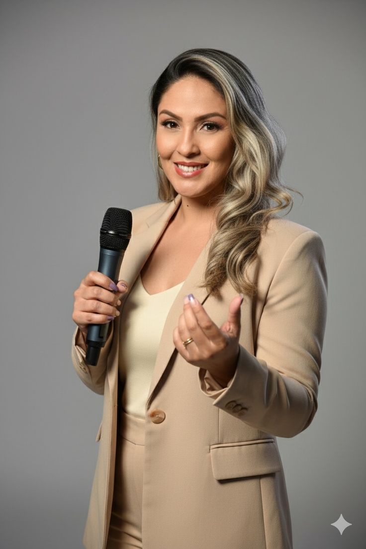 Educadora musical Letícia Andrade segurando um microfone, com blazer bege em fundo neutro